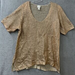 CHICOS Womens Knit Metallic Gold Short Sleeve V Neck Top Size 3
